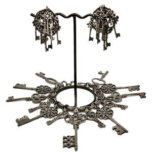 Verified D&E Juliana Vintage Silver Skeleton Key Charm Bracelet & Clip Earrings